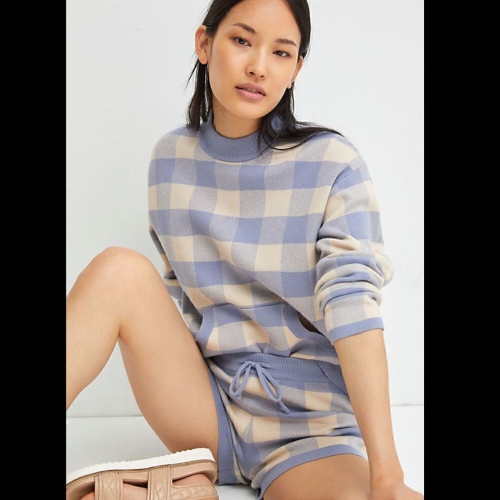 Plaid Crewneck Sweater in Lavender and Cream
